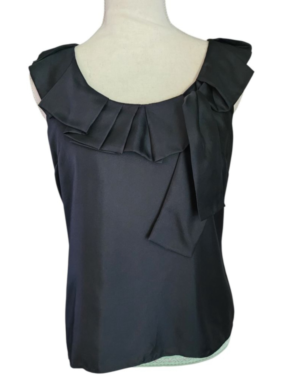 Ann Taylor Petites Black 100% Silk Sleeveless Ruffle Collar Bow Blouse Top 6P